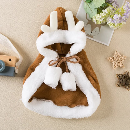 Pet wearing a Santa or reindeer hooded Christmas cape with Velcro neck closure