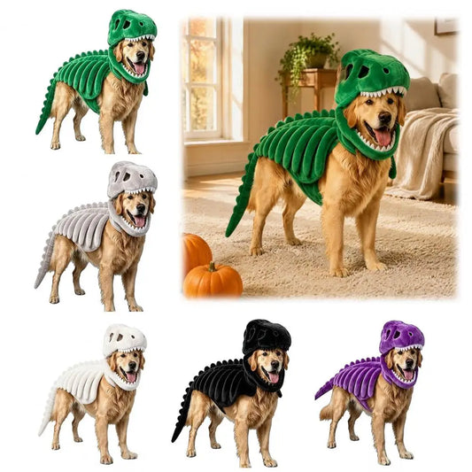 Dogs wearing the dinosaur skeleton Halloween costume in green, grey, white, black and purple