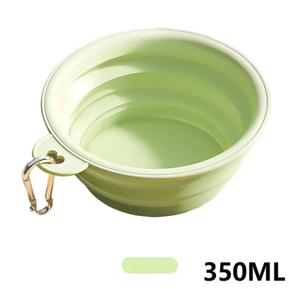 Green collapsible silicone dog bowl with carabiner clip