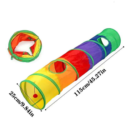 Cat peeking out of the rainbow straight foldable cat tunnel with dangling ball toy