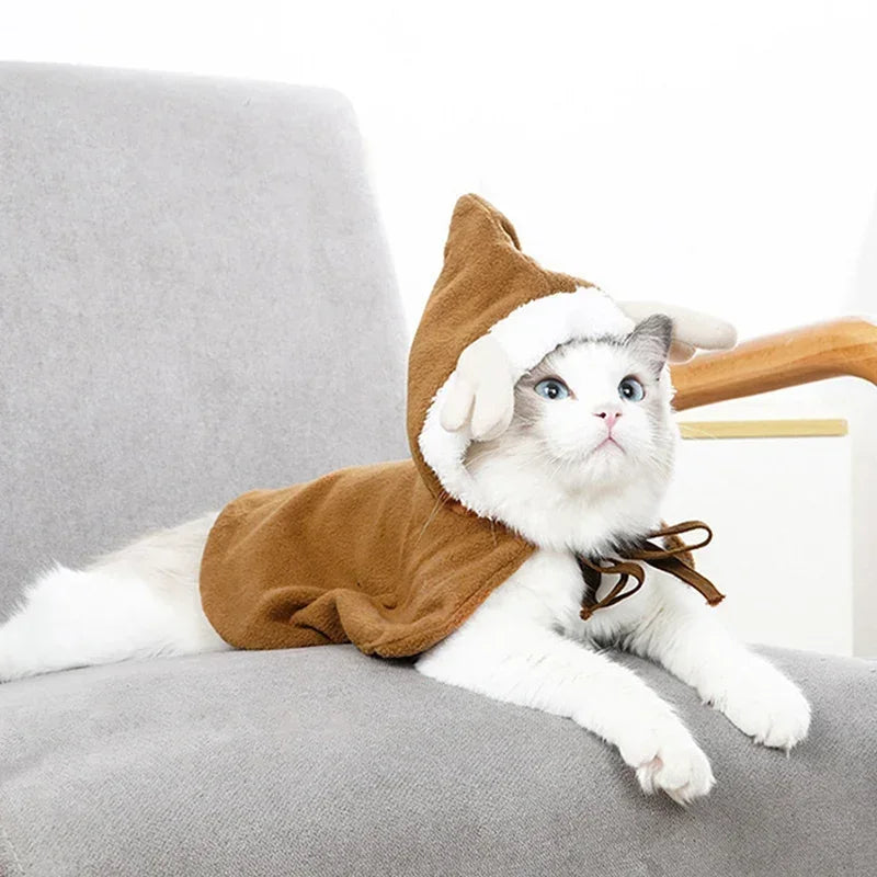 Pet wearing a Santa or reindeer hooded Christmas cape with Velcro neck closure