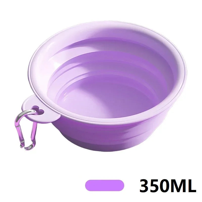 Purple collapsible silicone dog bowl with carabiner clip