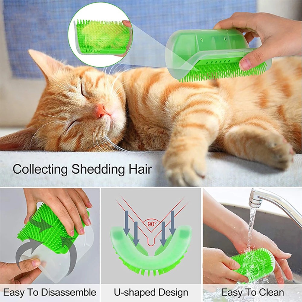 Cat corner self-groomer brush on a wall corner with a cat rubbing its cheek on it