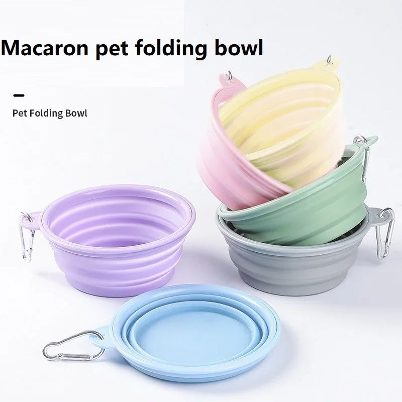 Collapsible silicone pet bowls in purple, pink, yellow, green, grey and blue