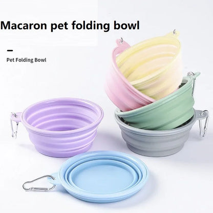 Collapsible silicone pet bowls in purple, pink, yellow, green, grey and blue