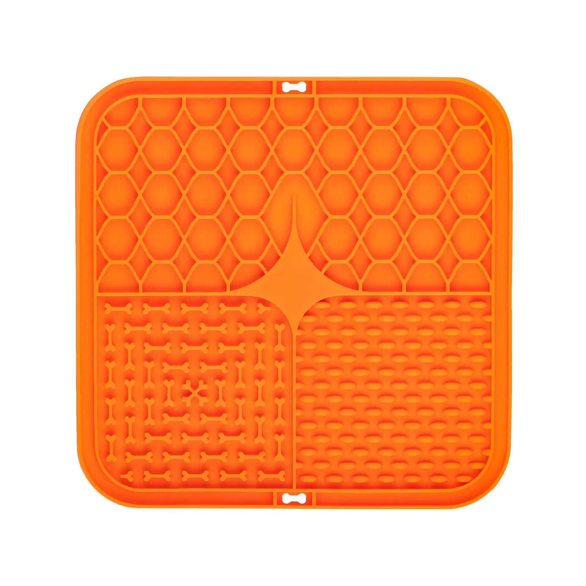 Orange silicone lick mat with four textured sections