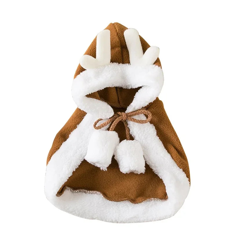 Pet wearing the reindeer brown hooded Christmas cape with Velcro neck closure