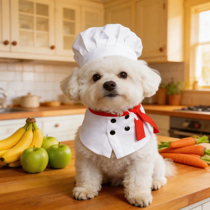 Small white dog wearing a chef hat and chef bib with a red scarf