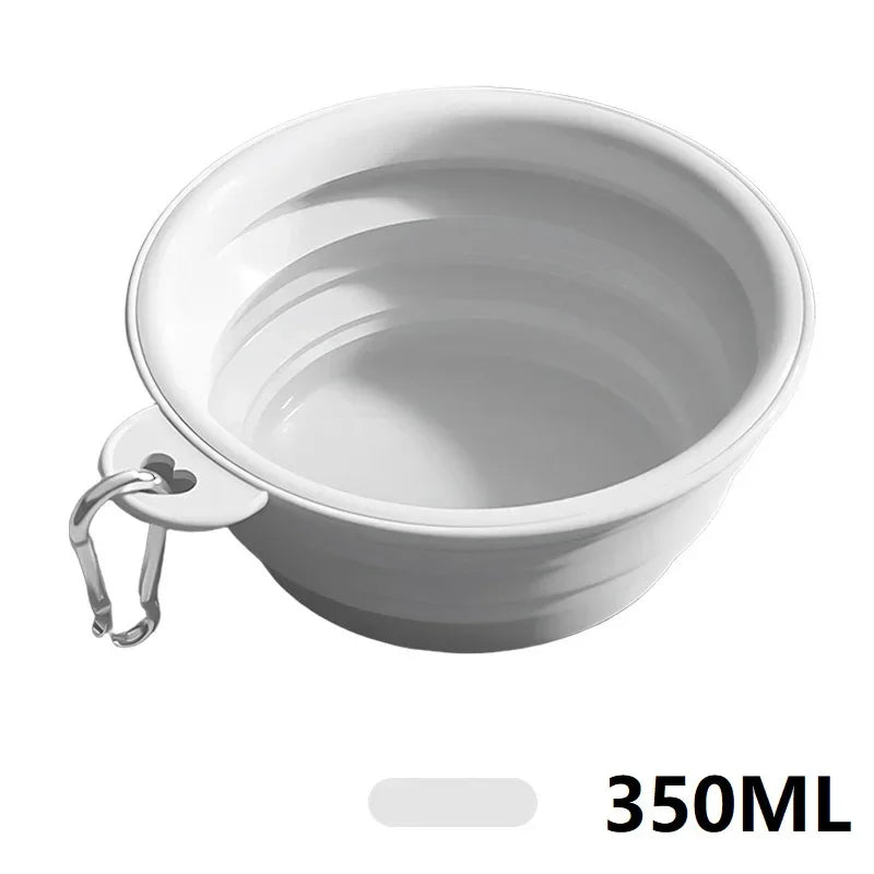 Grey collapsible silicone dog bowl with carabiner clip
