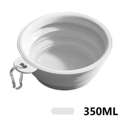Grey collapsible silicone dog bowl with carabiner clip