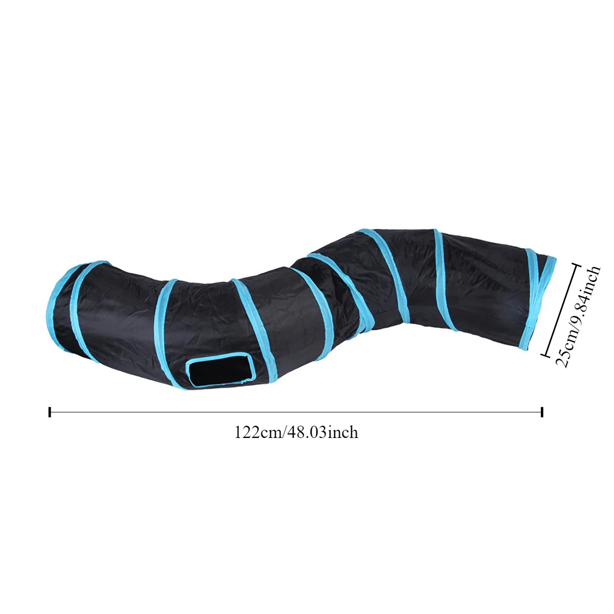 Cat peeking out of the black S-curve foldable cat tunnel with dangling ball toy