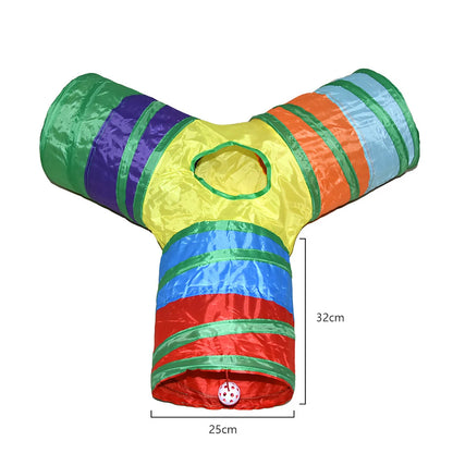 Cat peeking out of the rainbow Y-shape foldable cat tunnel with dangling ball toy