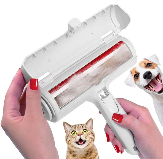 Blue reusable pet hair remover roller lifting dog and cat fur off a fabric sofa
